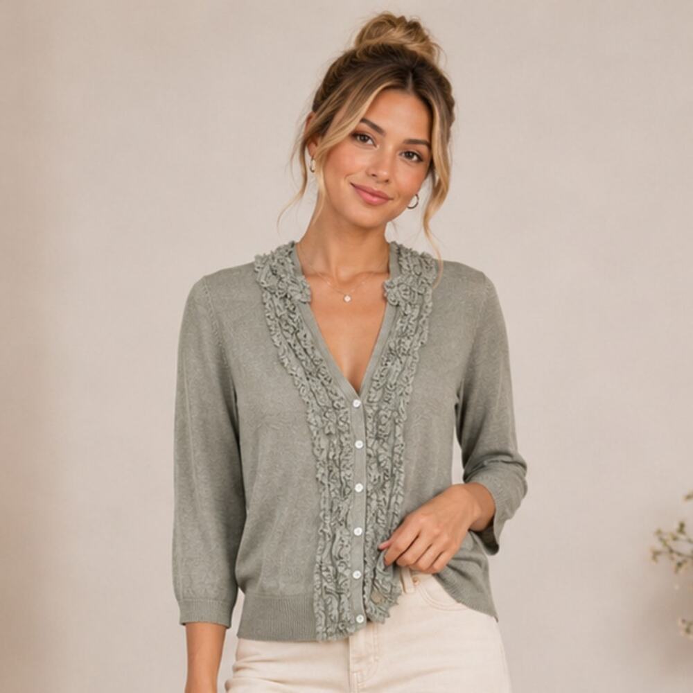 Talbots Thin Cardigan Sweater Womens Size SP Sage Ruffles Silk Blend Office NWOT